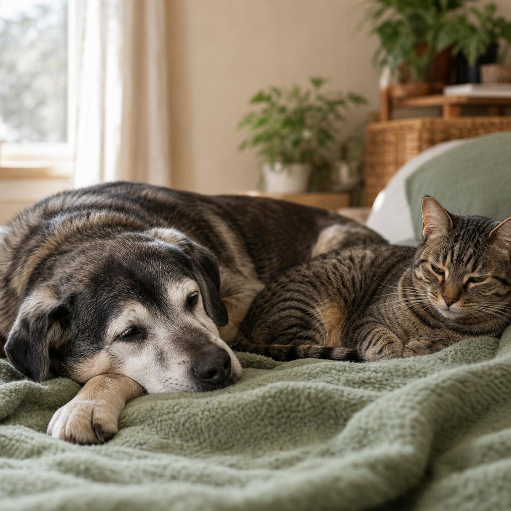 A senior rescue dog and tabby cat resting together in a foster home